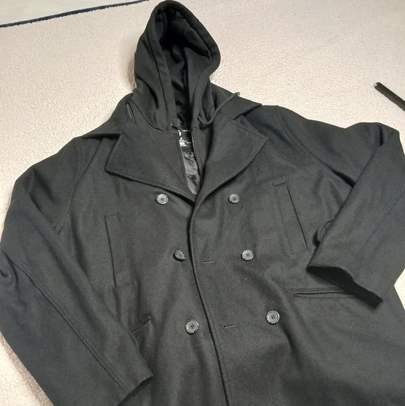 Black Wool Peacoat Hooded Coat XXL Double Breasted